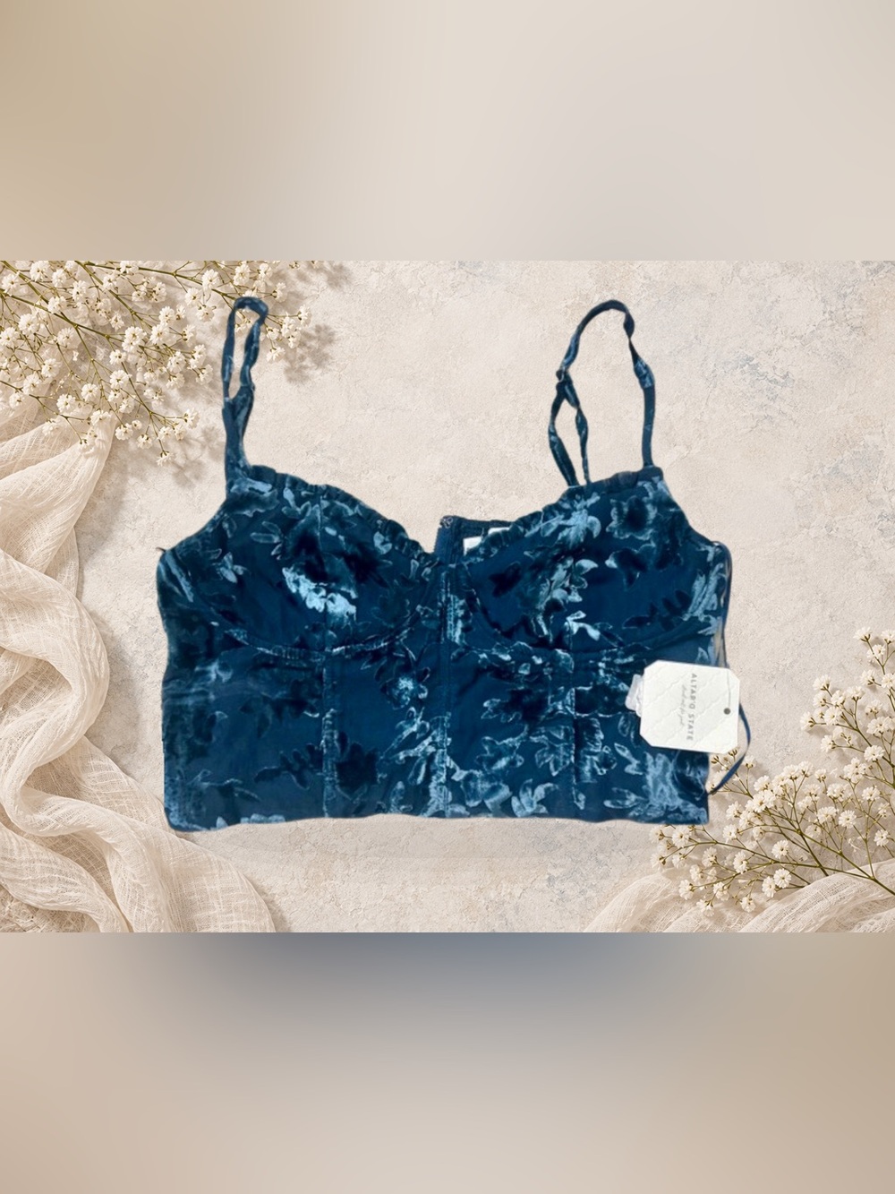 Altar’d State Teal Floral Velvet Corset Bustier Top Size Small NWT